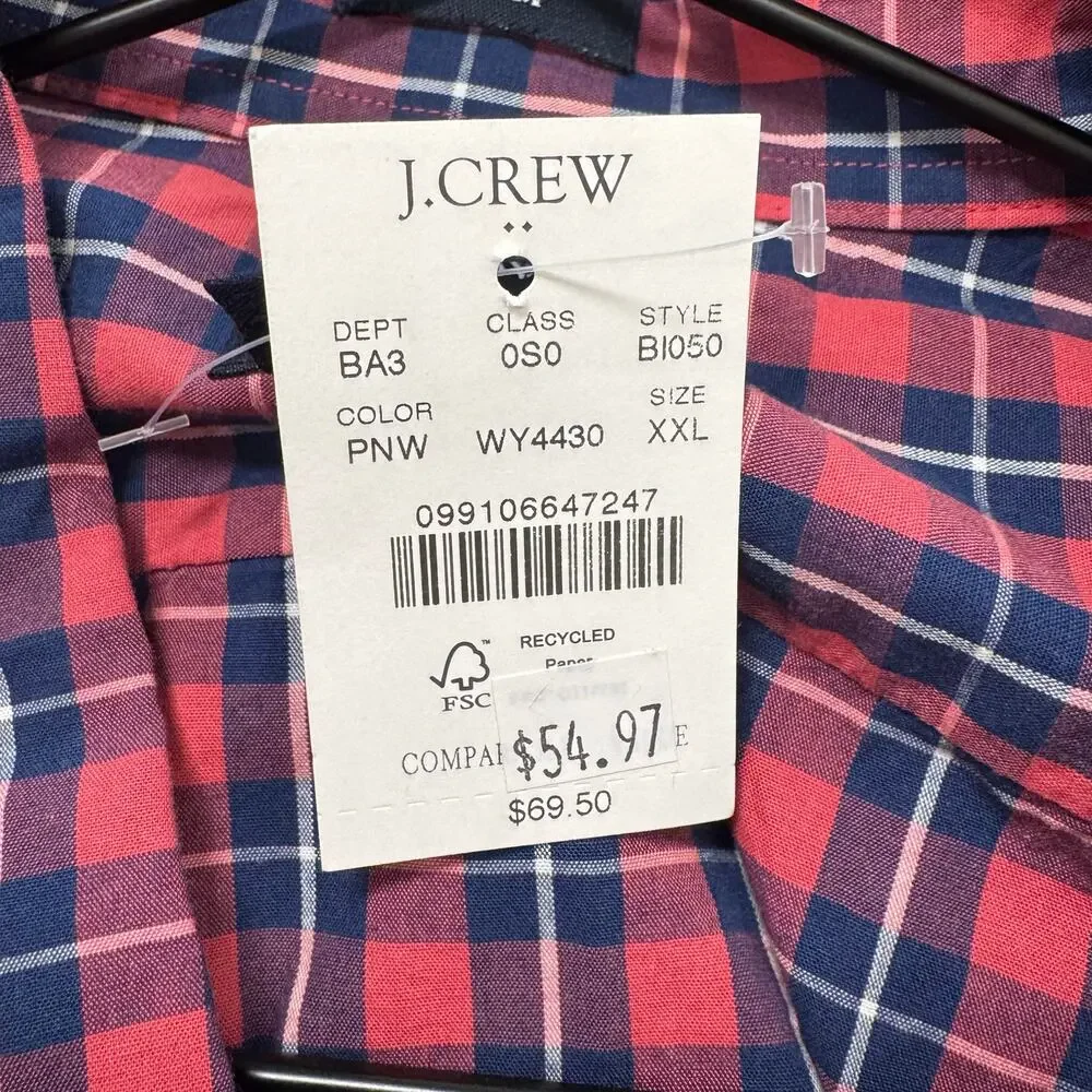 NWT J. Crew Men's Blue Pink Plaid Casual Long Sleeve Button Up Shirt Size XXL